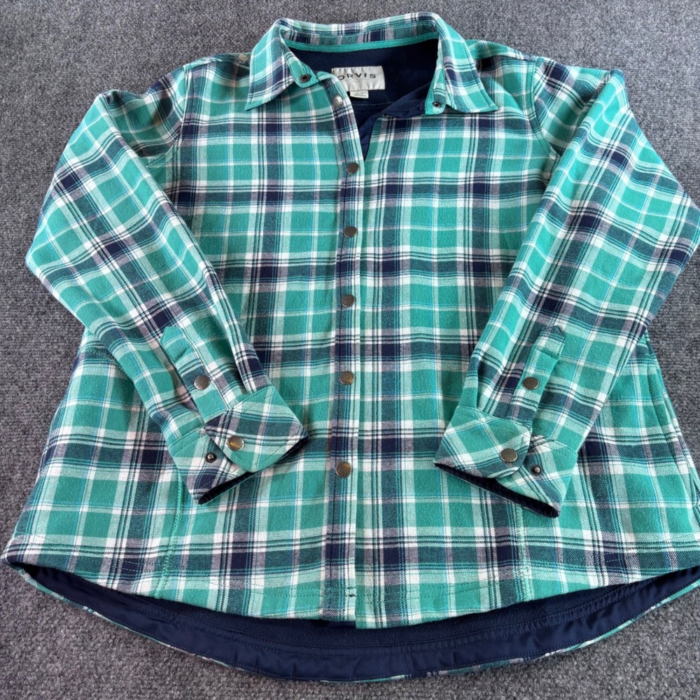 Orvis Fleece Lined Flannel Shirt Jacket Womens XL Green Plaid Shacket Snap Front